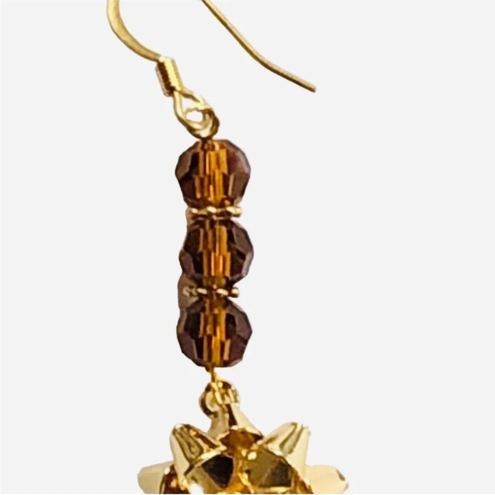 HANDMADE Unbranded GOLD Metallic GIFT Bow And Brown Glass Crystal Bead Earrings